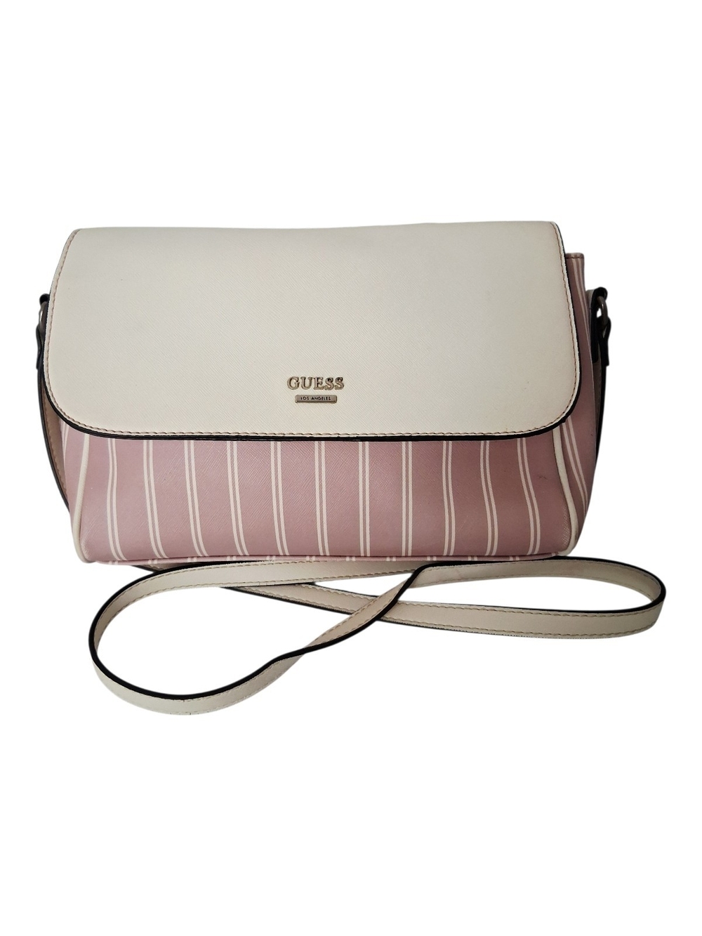 Guess Los Angeles Flap Crossbody Bag Pink Cream Striped Purse Flawed Y2K Charm